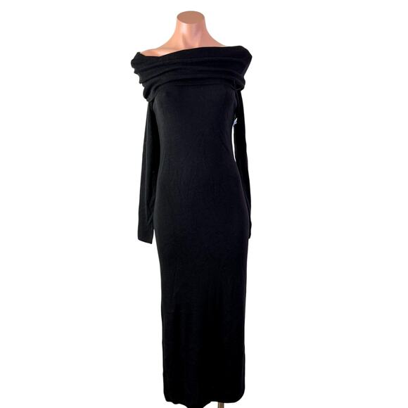 Dark Academia Wool Blend Off Shoulder Sleeve Sweater Dress Preppy Black L NWT - Picture 1 of 12